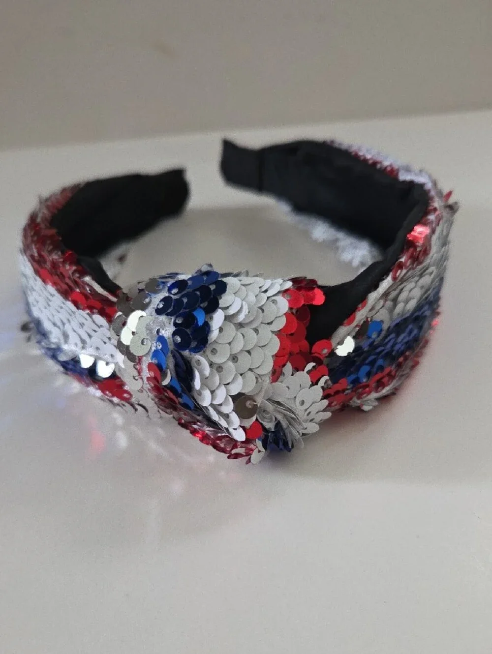 Sequin Knotted Headband in Red, White & Blue